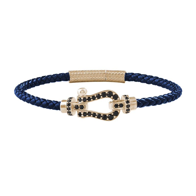Yellow Gold Silver Pave Buckle & Blue Leather Bracelet 
