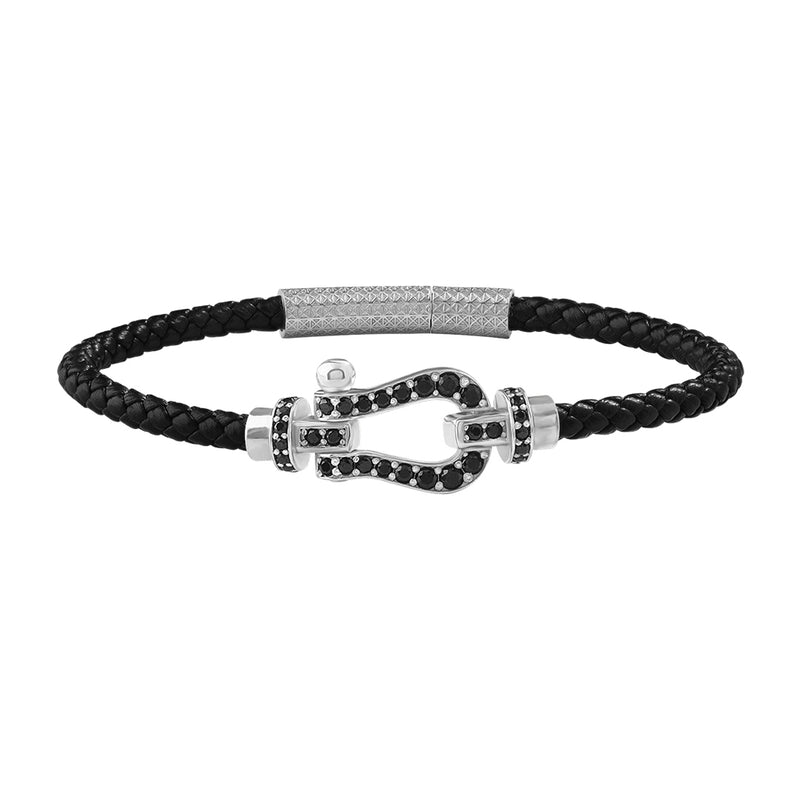 925 Sterling Silver Pave Buckle & Black Leather Bracelet 