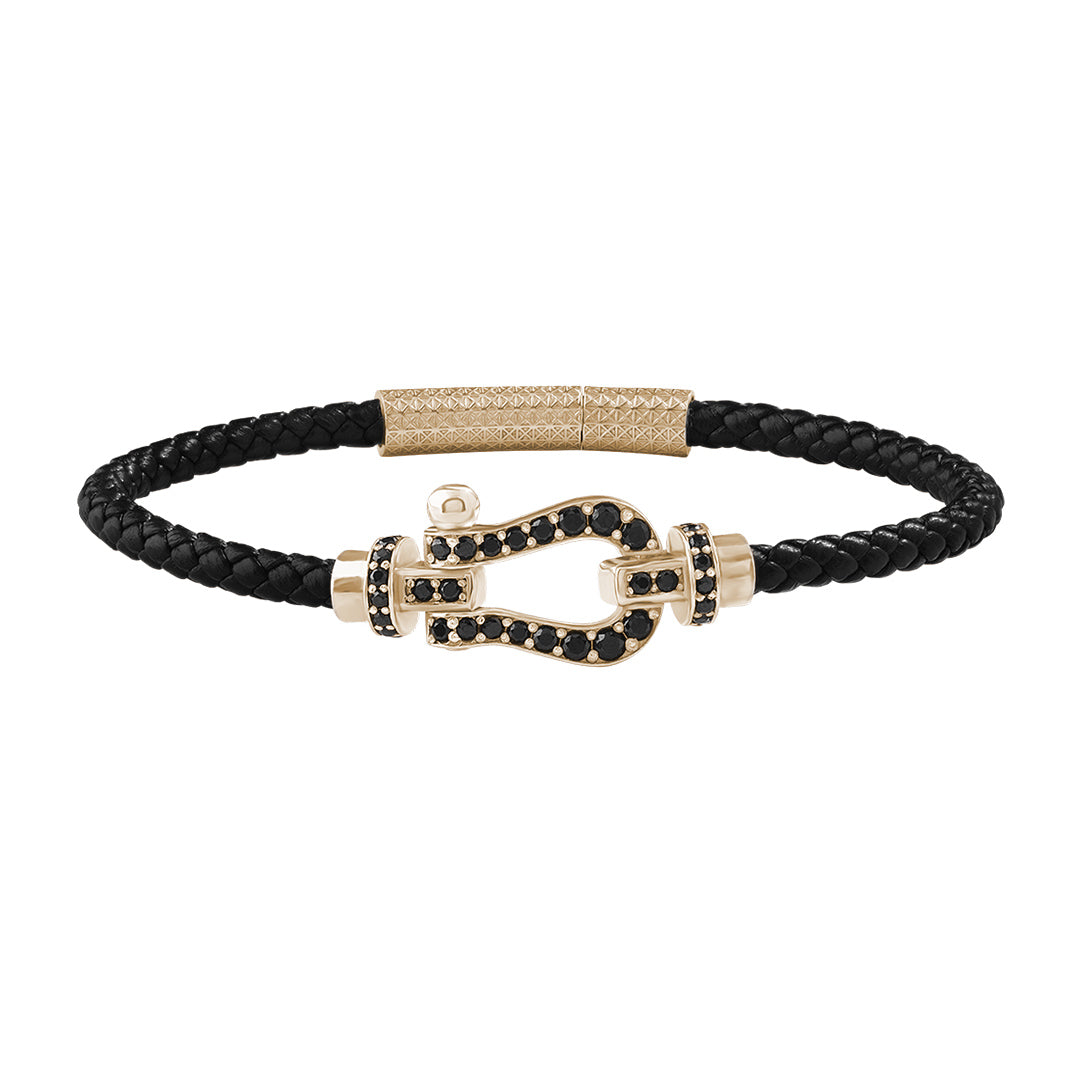 Yellow Gold Silver Pave Buckle & Black Leather Bracelet