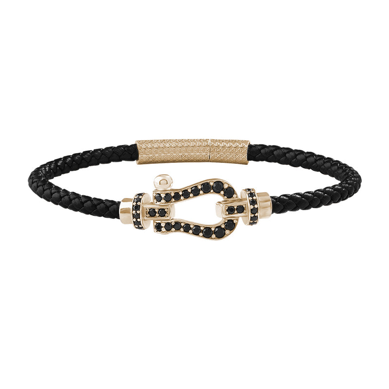 Yellow Gold Silver Pave Buckle & Black Leather Bracelet 