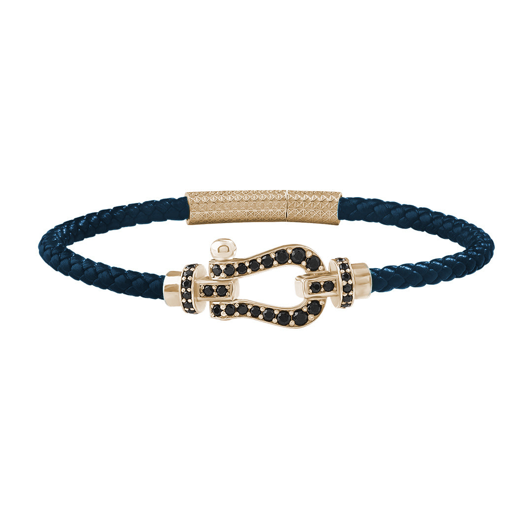 Yellow Gold Silver Pave Buckle & Navy Leather Bracelet
