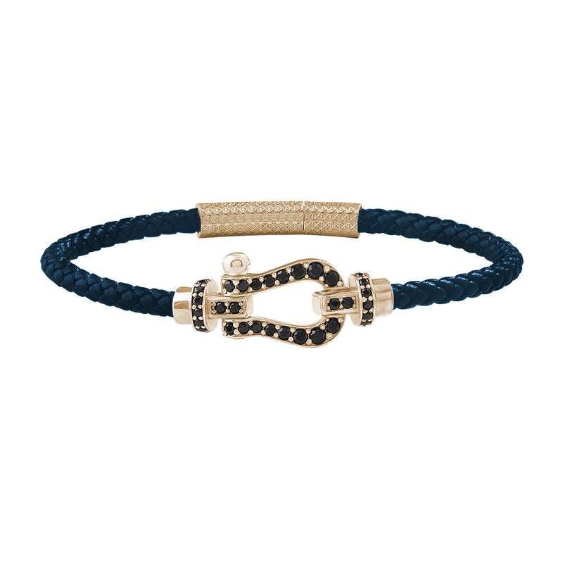 Yellow Gold Silver Pave Buckle & Navy Leather Bracelet 