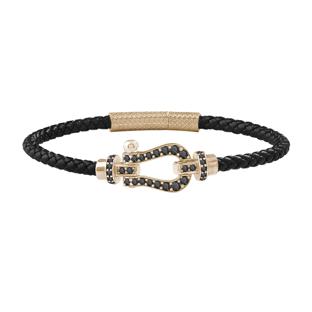 1.1ctw Black Diamond Pave Real Yellow Gold Buckle Black Leather Bracelet