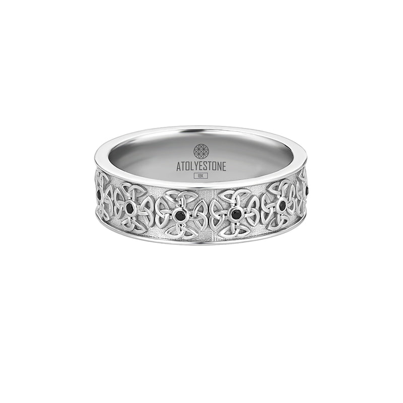 Men's Pure White Gold Celtic Band Ring Paved with Black CZ