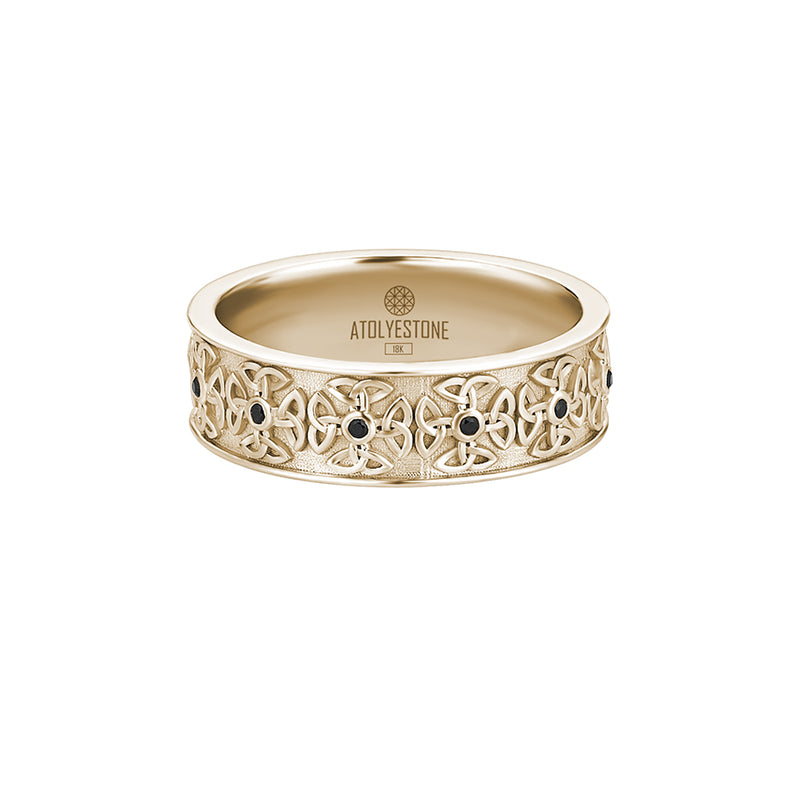 Real Yellow Gold Celtic Band Ring Paved with Black CZ