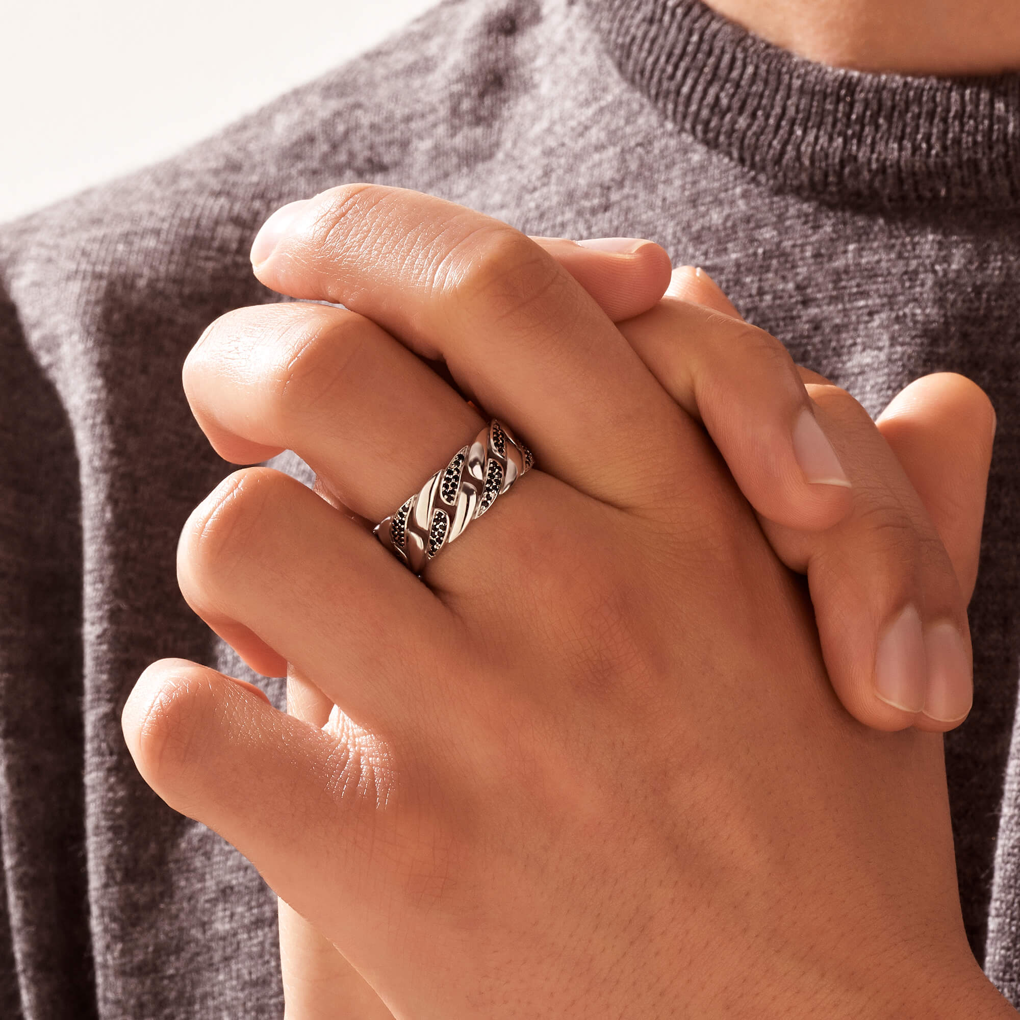 Pave Chain Ring - Solid Silver