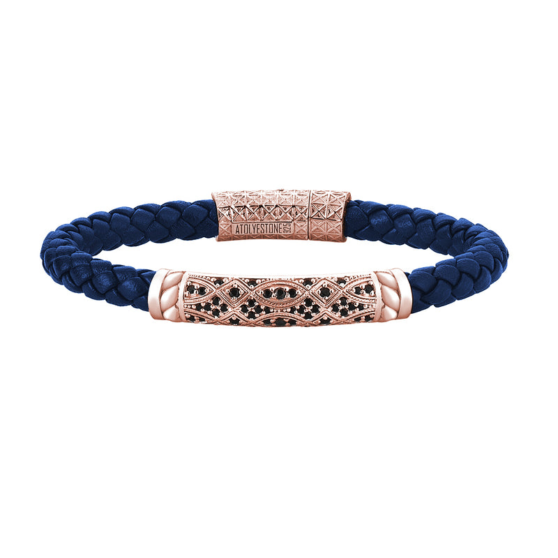 Streamline Braided Blue Leather Bracelet in Rose Gold