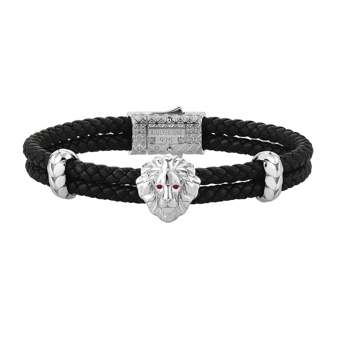 Diamond Leo Leather Bracelet - White Gold - Black Leather - Ruby