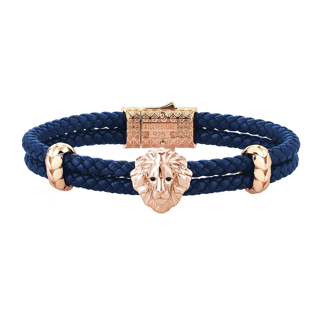 Diamond Leo Leather Bracelet - Rose Gold - Blue Leather - Black Diamond