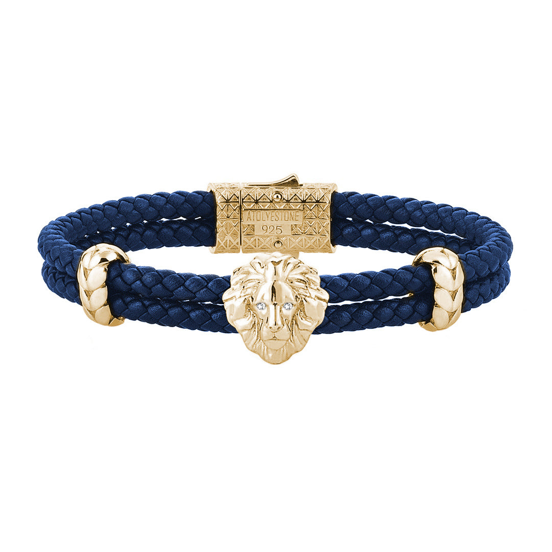 Diamond Leo Leather Bracelet - Yellow Gold - Blue Leather - White Diamond