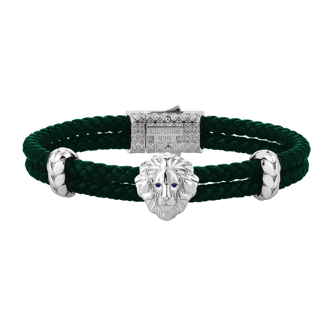 Diamond Leo Leather Bracelet - White Gold - Dark Green Leather - Sapphire