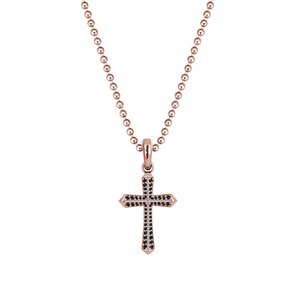 Men's Real Rose Gold Cross Pendant Pave with Black CZ