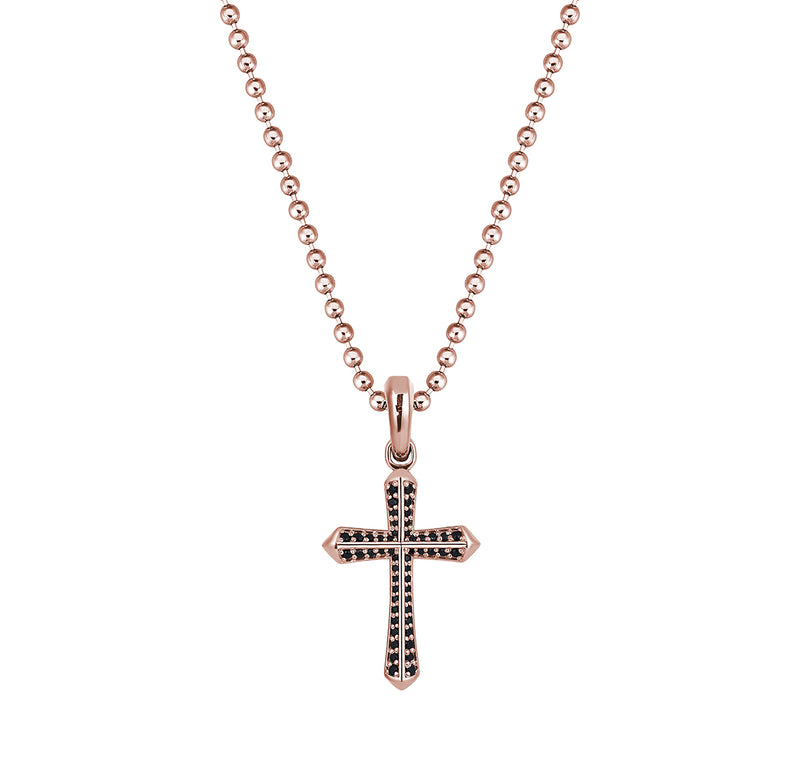 Men's Real Rose Gold Cross Pendant Pave with Black CZ