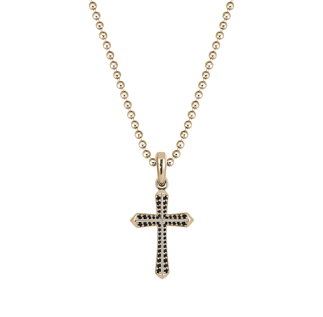 Men's Real Yellow Gold Cross Pendant Pave with Black CZ
