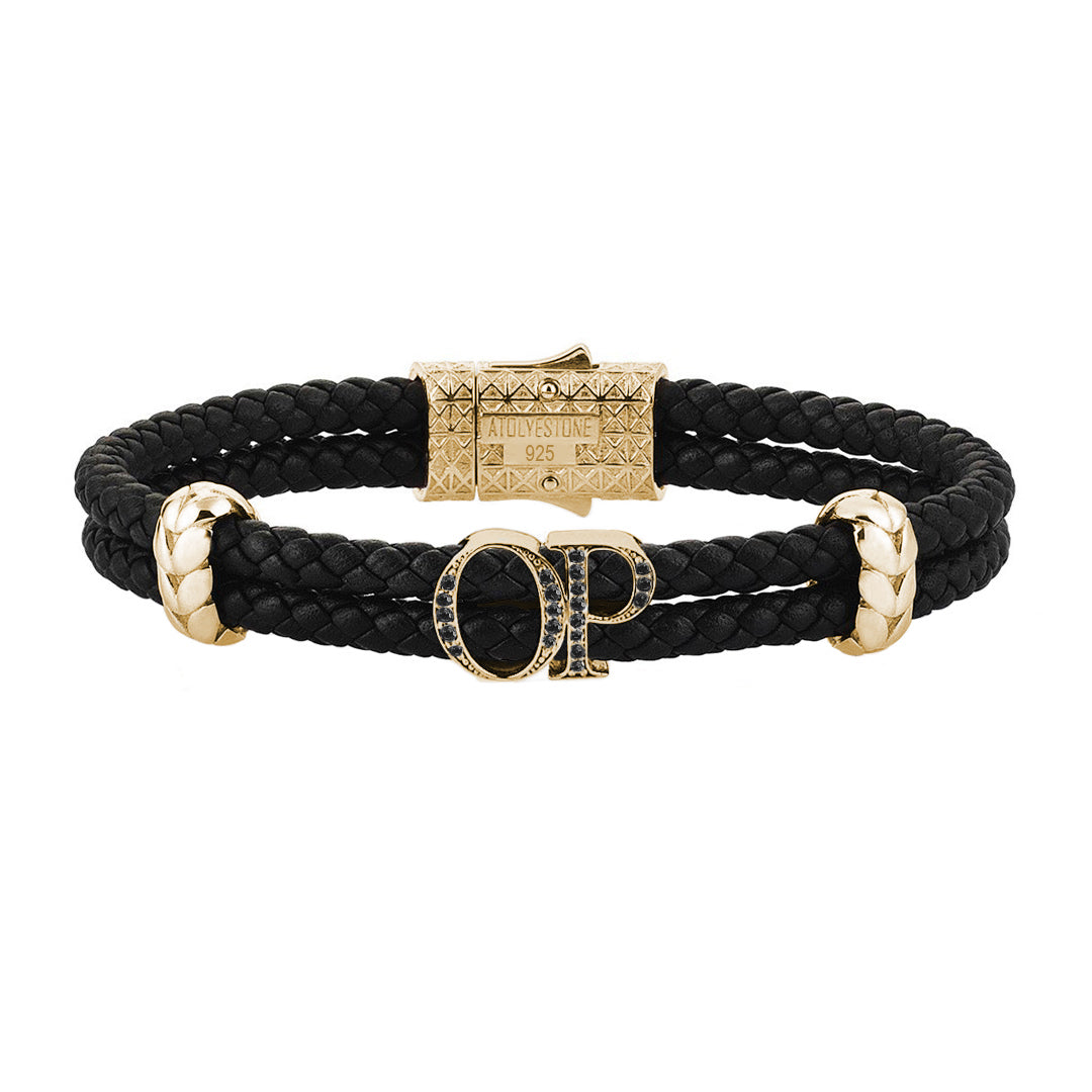 Atolyestone Mens Personalized Leather Bracelet - Yellow Gold - Pave Black Diamond - Black