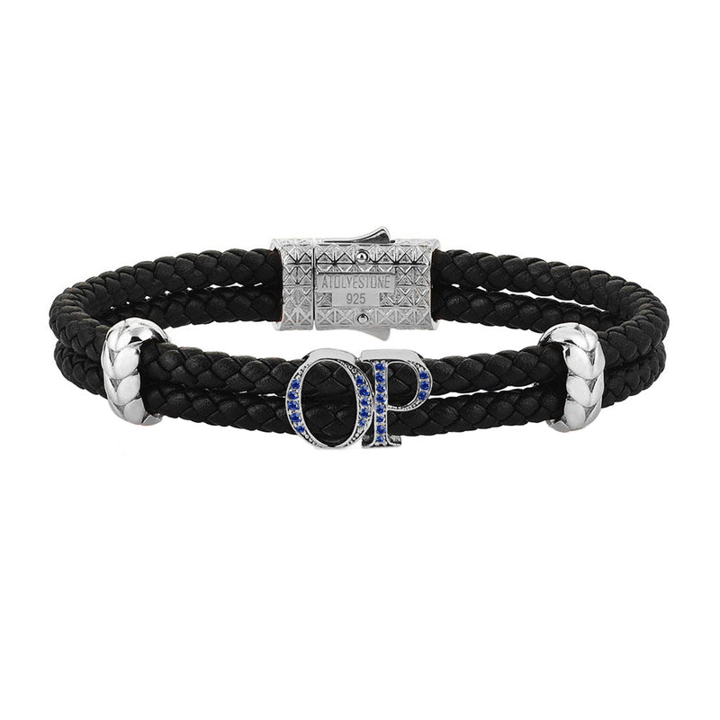 Atolyestone Mens Personalized Leather Bracelet - Silver - Pave Sapphire - Black