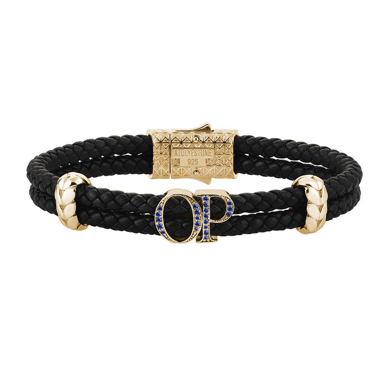 Atolyestone Mens Personalized Leather Bracelet - Yellow Gold - Pave Sapphire - Black