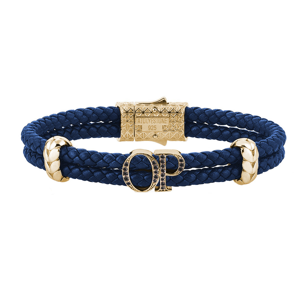 Atolyestone Mens Personalized Leather Bracelet - Yellow Gold - Pave Black Diamond - Blue