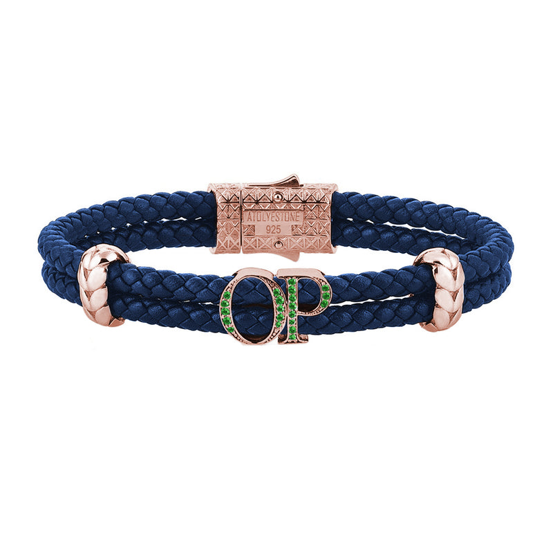 Atolyestone Mens Personalized Leather Bracelet - Rose Gold - Pave Emerald - Blue