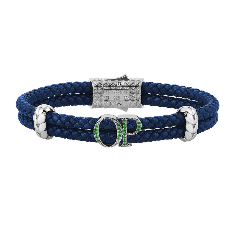 Atolyestone Mens Personalized Leather Bracelet - Silver - Pave Emerald - Blue