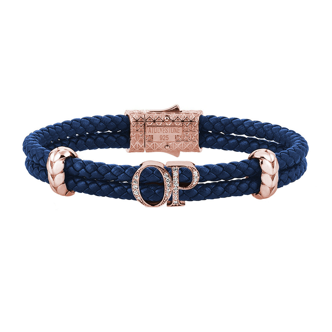 Atolyestone Mens Personalized Leather Bracelet - Rose Gold - Pave White Diamond - Blue