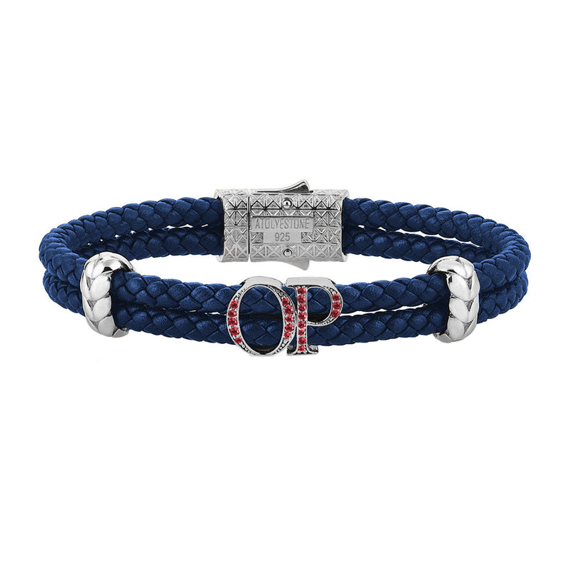 Atolyestone Mens Personalized Leather Bracelet - Silver - Pave Ruby - Blue