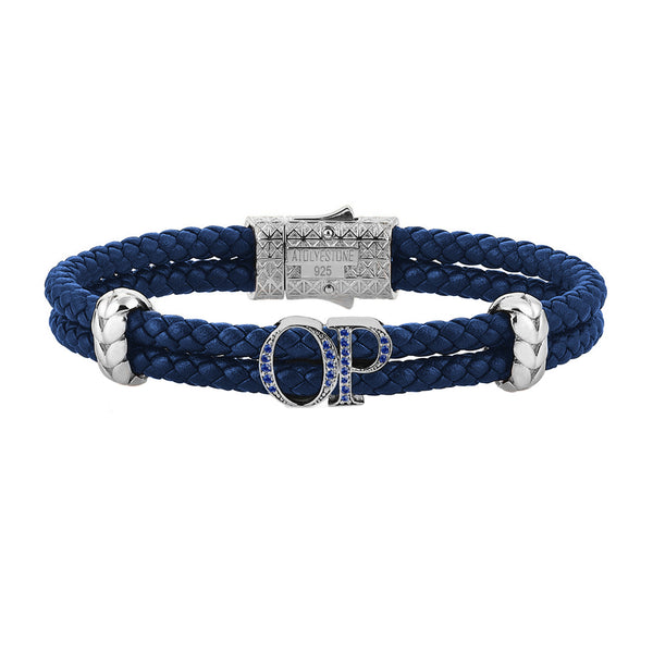 Atolyestone Mens Personalized Leather Bracelet - Silver - Pave Sapphire - Blue