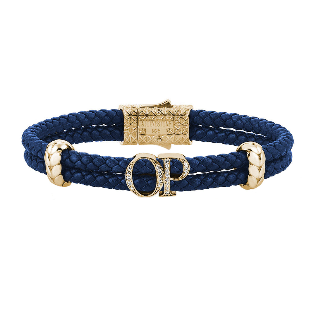 Atolyestone Mens Personalized Leather Bracelet - Yellow Gold - Pave White Diamond - Blue