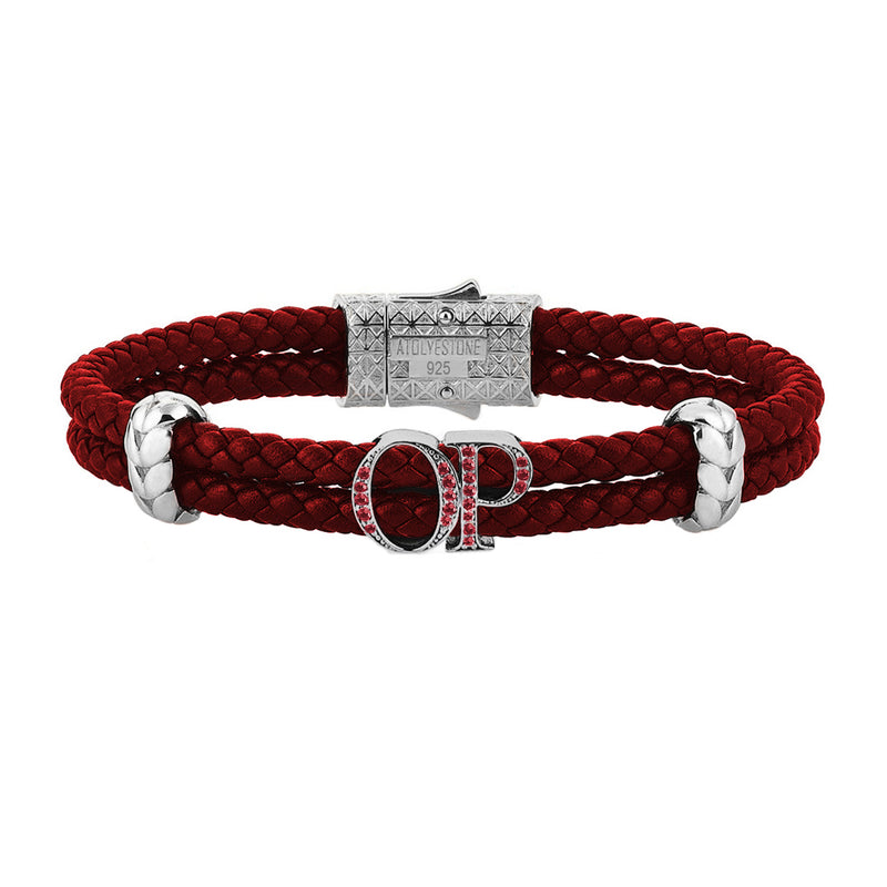 Atolyestone Mens Personalized Leather Bracelet - SIlver - Ruby