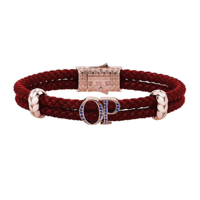 Atolyestone Mens Personalized Leather Bracelet - Rose Gold - Sapphire