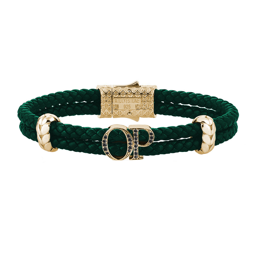 Atolyestone Mens Personalized Leather Bracelet - Yellow Gold - Pave Black Diamond - Dark Green