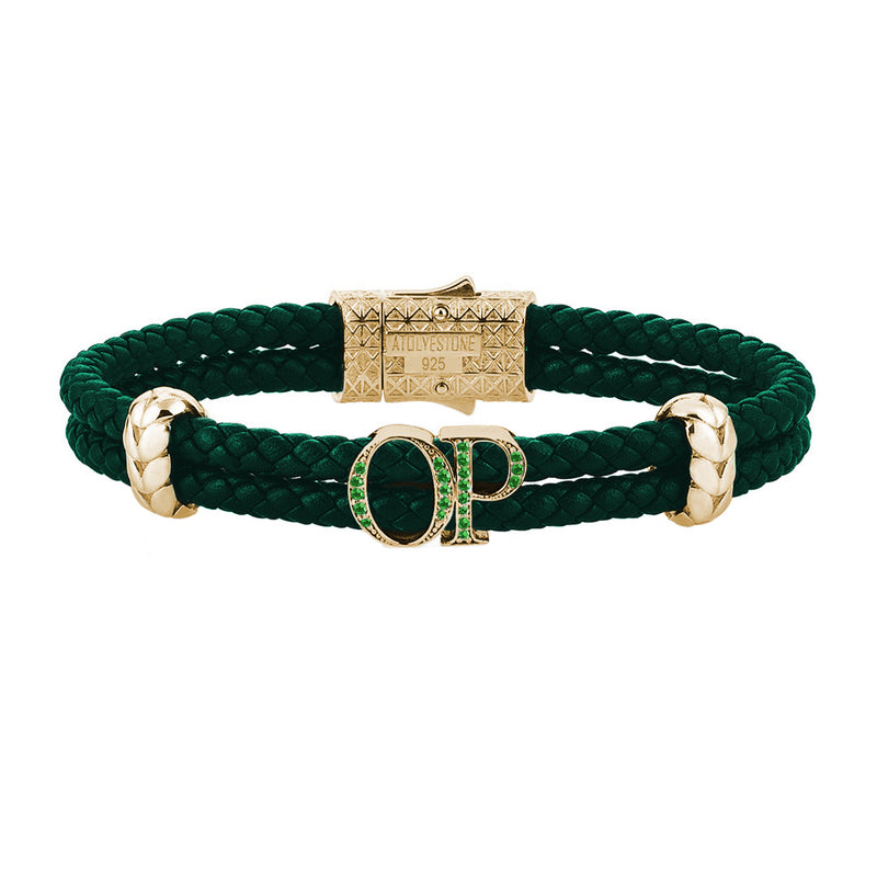 Atolyestone Mens Personalized Leather Bracelet - Yellow Gold - Pave Emerald - Dark Green