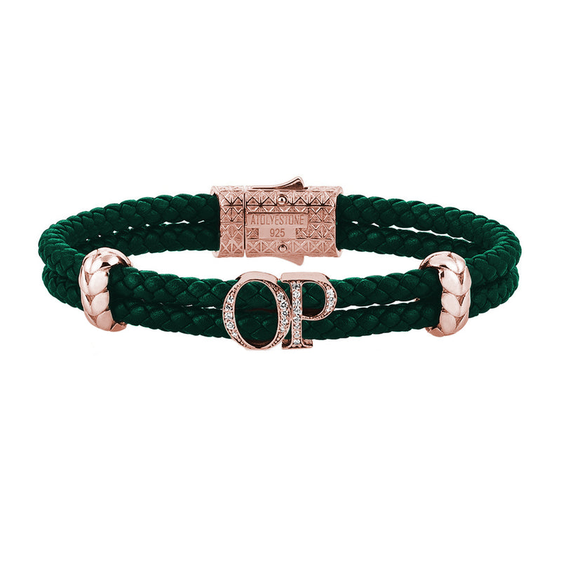 Atolyestone Mens Personalized Leather Bracelet - Rose Gold - Pave White Diamond - Dark Green