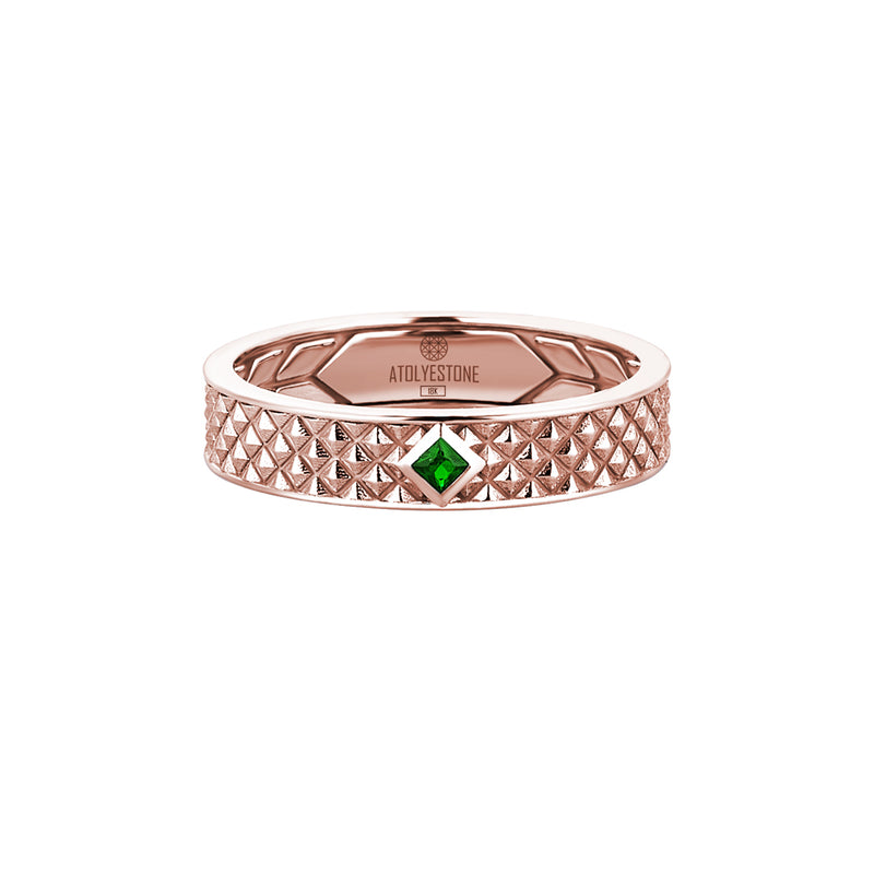 Men's Real Emerald Paved Solid Rose Gold Band Ring with Pyramid Design