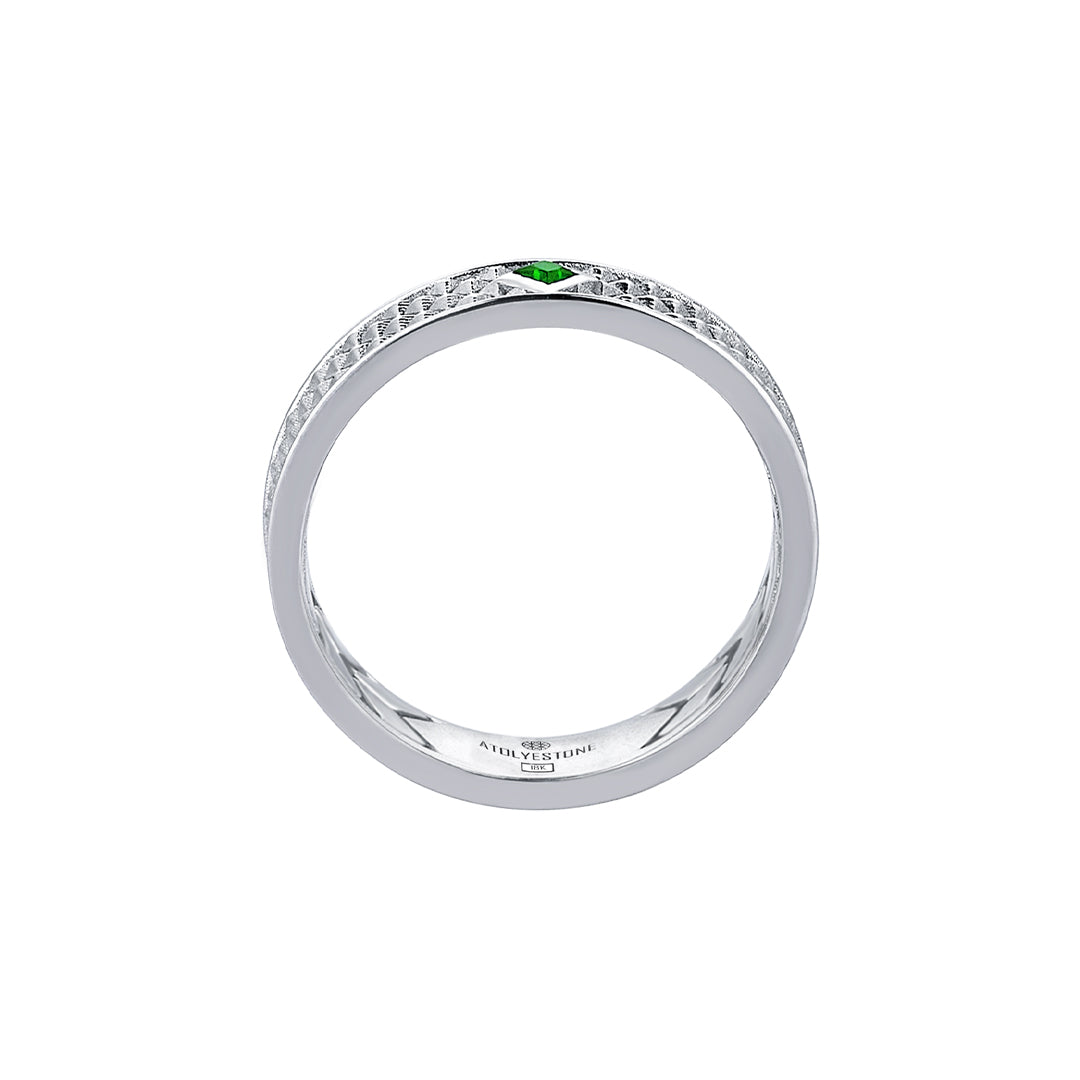 Men's Emeral Paved Solid White Gold Band Ring with Pyramid Design