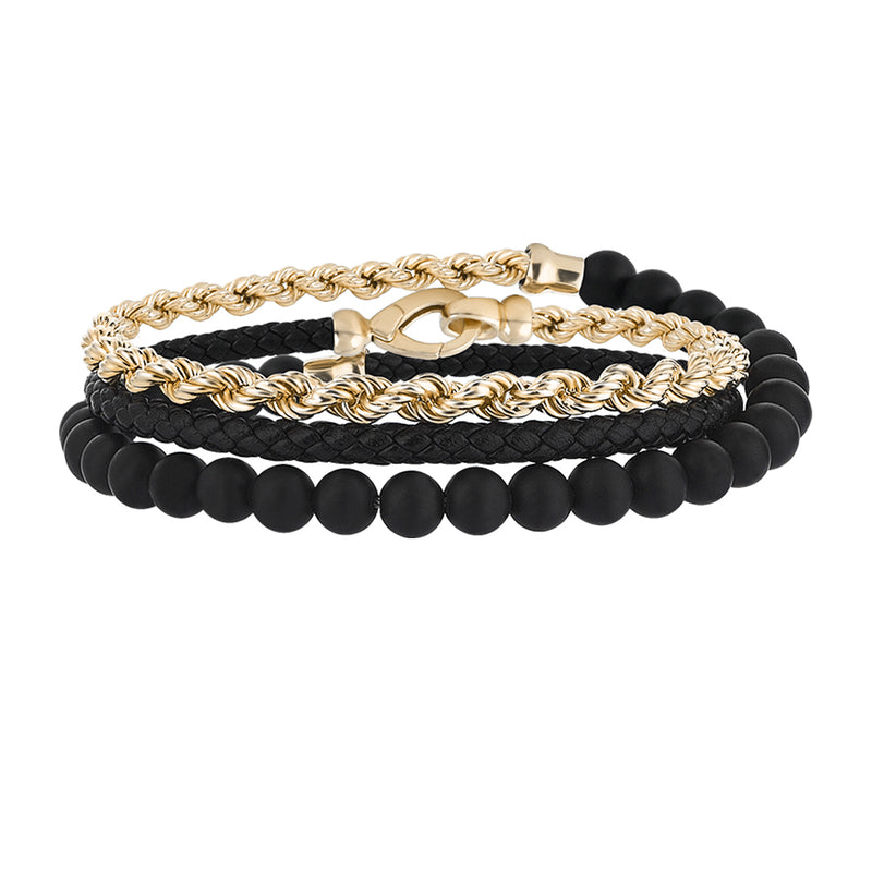Men's Black Leather, Agate and 14K Real Yellow Gold Rope Chain Wrap Bracelet