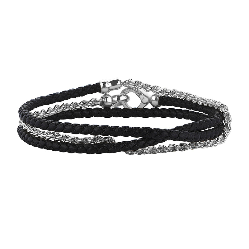 Black Leather and Solid White Gold Rope Chain Wrap Bracelet for Men