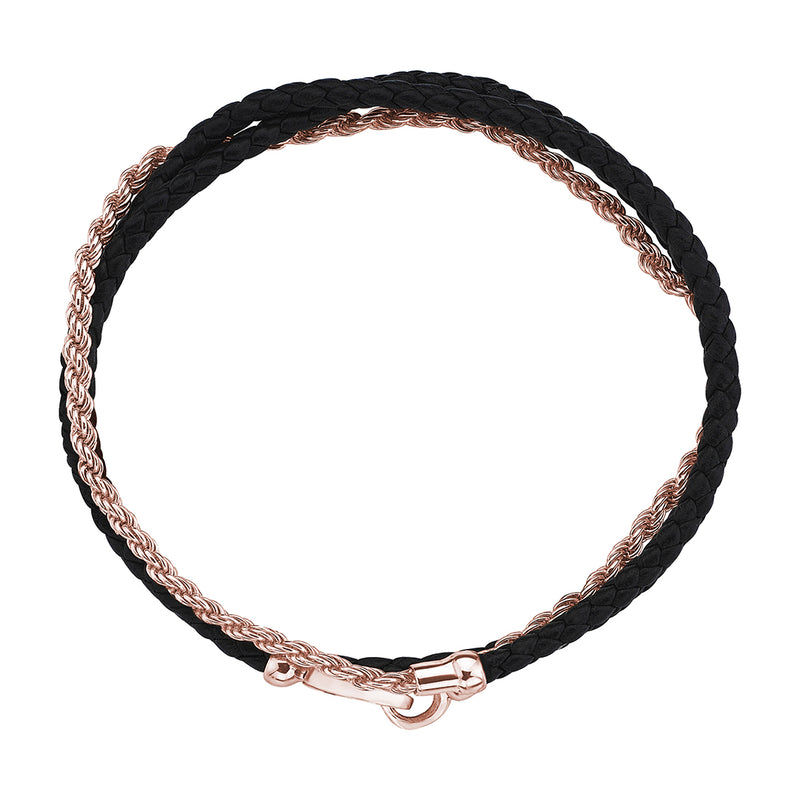Men's Black Braided Leather and Real Rose Gold Rope Chain Bracelet