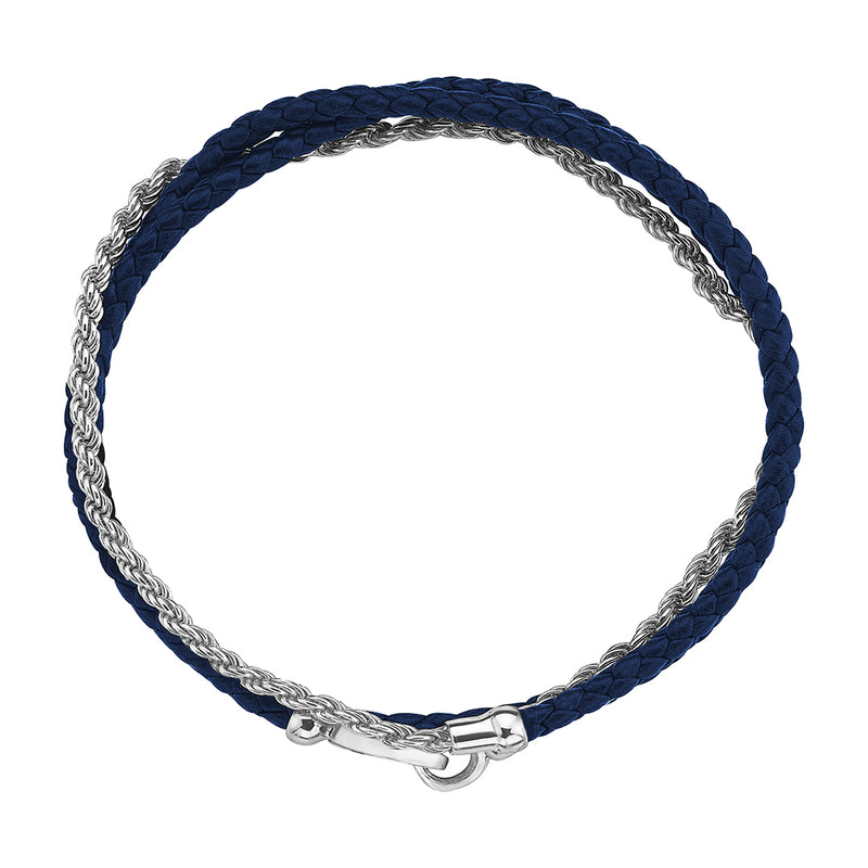 Men's Blue Braided Leather and Real White Gold Rope Chain Bracelet