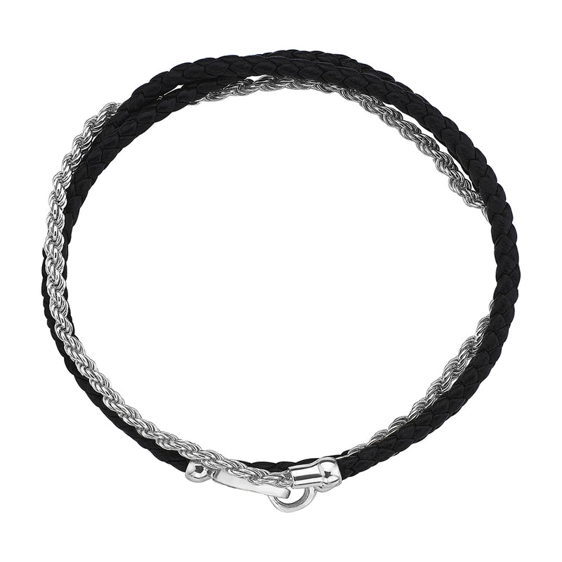 Black Leather and Solid White Gold Rope Chain Wrap Bracelet for Men