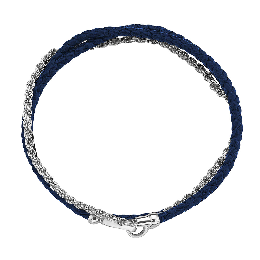 Men's Designer Bracelet - Blue Leather & Silver Rope Chain