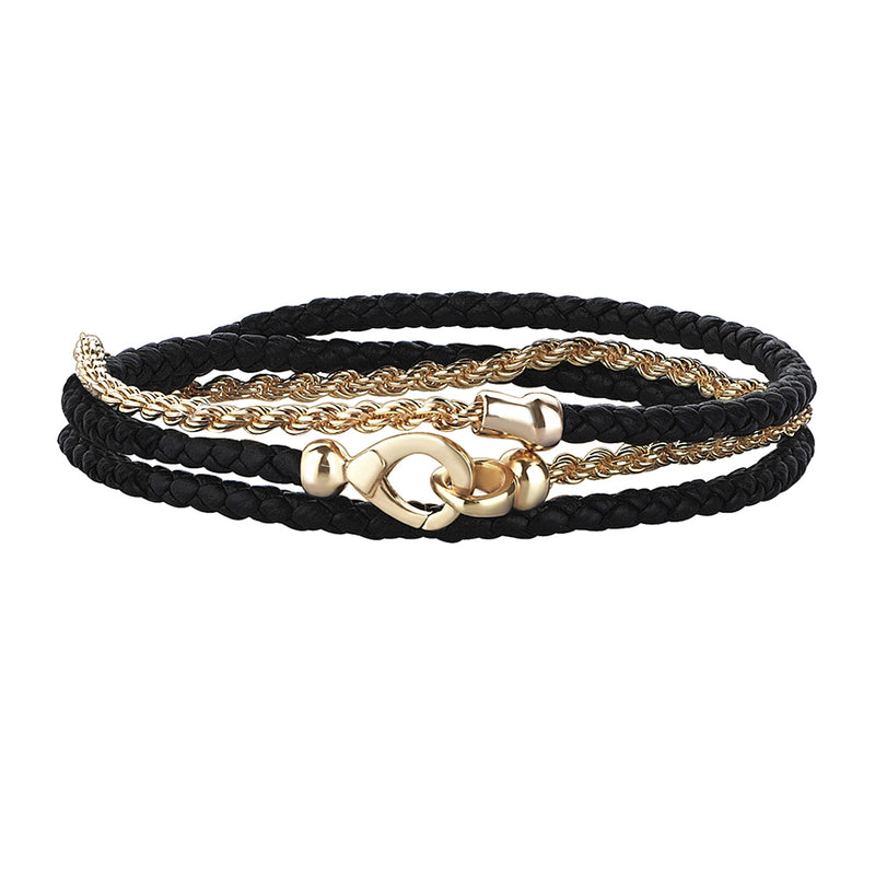Men's Black Leather and Rope Chain Bracelet in Solid Silver - Yellow Gold