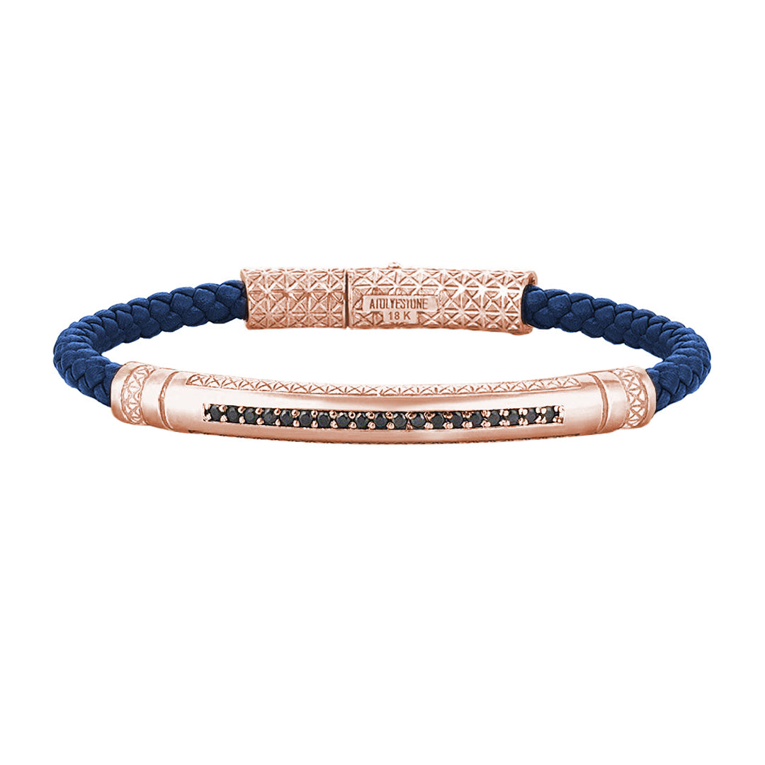 Mens Signature Leather Bracelet - Solid Rose Gold - Blue Leather - Black Diamond