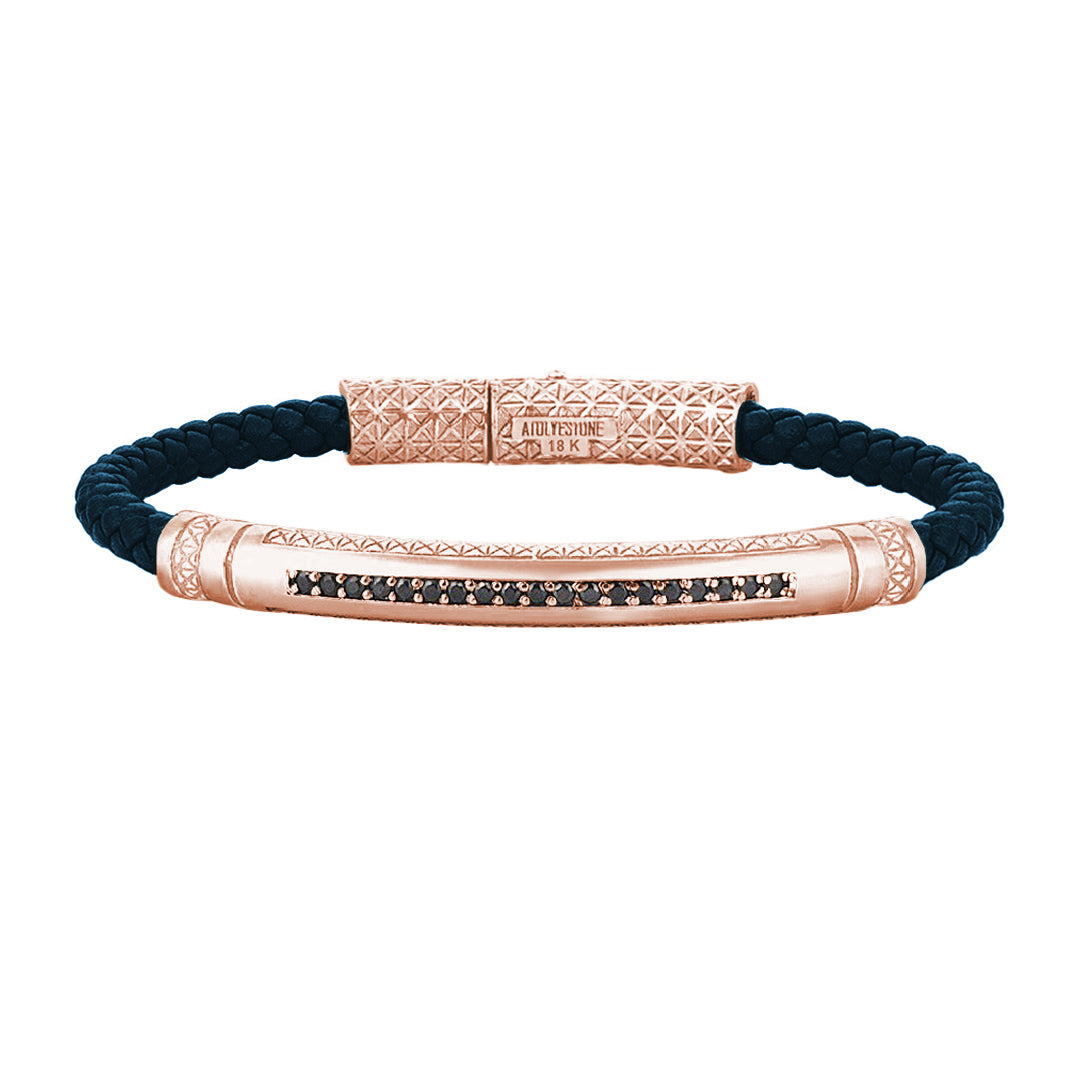 Mens Signature Leather Bracelet - Solid Rose Gold - Navy Leather - Black Diamond