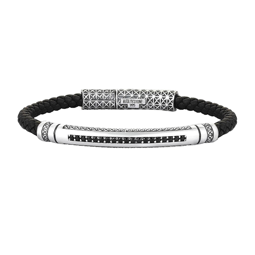 Mens Signature Leather Bracelet - Solid Silver - Black Leather
