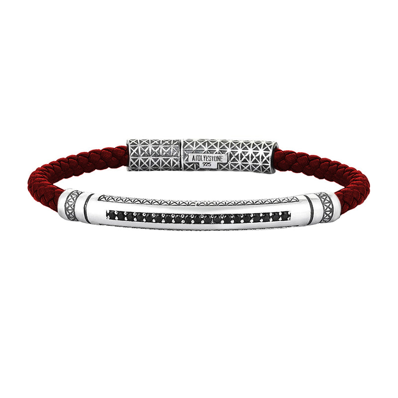 Mens Signature Leather Bracelet - Solid Silver - Dark Red Leather