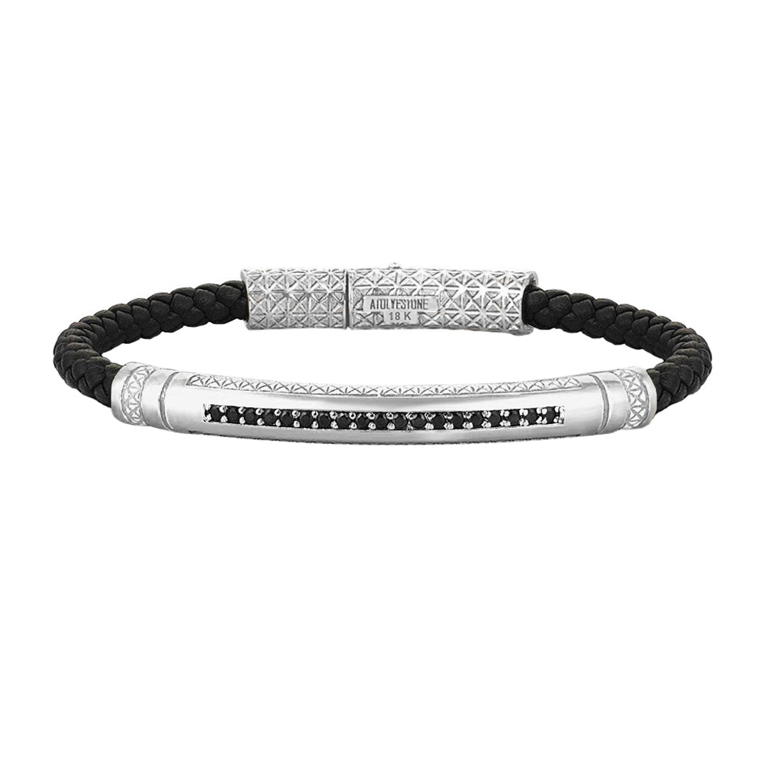 Mens Signature Leather Bracelet - Solid White Gold - Black Leather - Cubic Zirconia