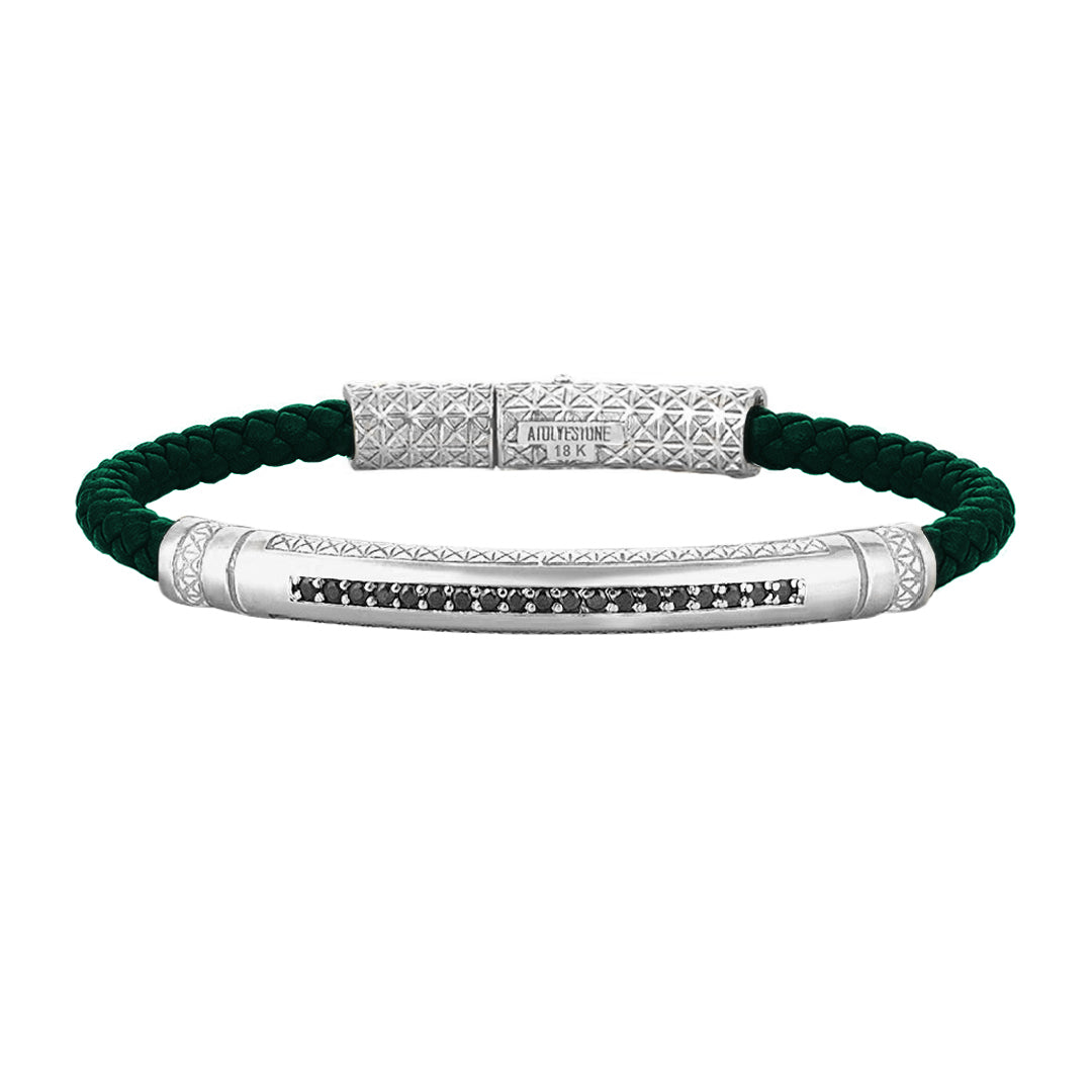 Mens Signature Leather Bracelet - Solid White Gold - Dark Green Leather - Black Diamond