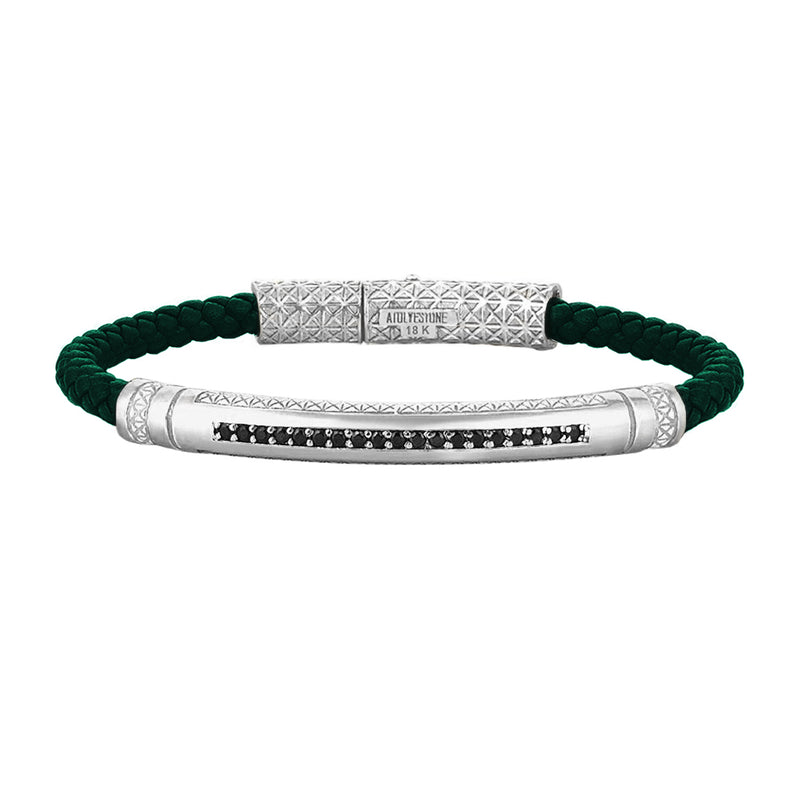 Mens Signature Leather Bracelet - Solid White Gold - Dark Green Leather - Cubic Zirconia