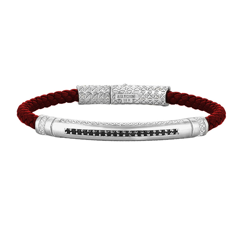 Mens Signature Leather Bracelet - Solid White Gold - Dark Red Leather - Cubic Zirconia
